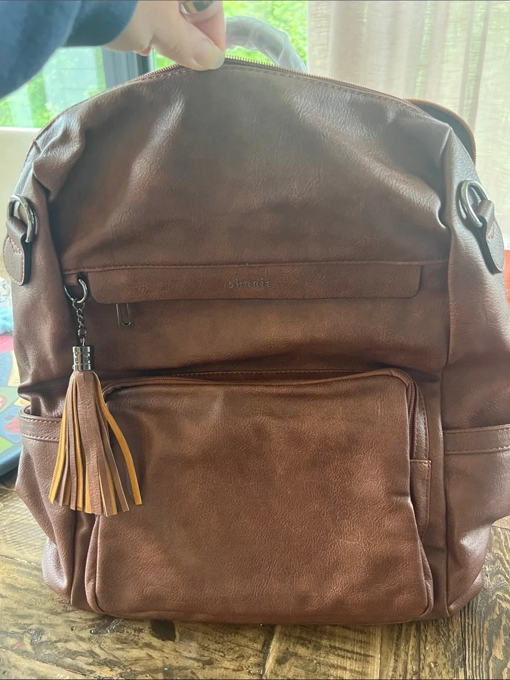 Amazon Brown Faux Leather Backpack with Tassel Accent